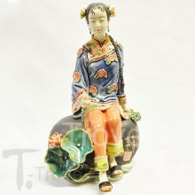 Porcelain Shanghai Lady, Sitting On Garden Stone With Lotus