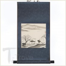 Oxen In Pond Blue Scroll