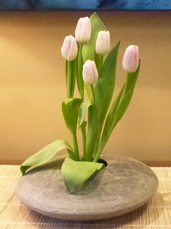 Tulip Ikebana in Round Slate Vase